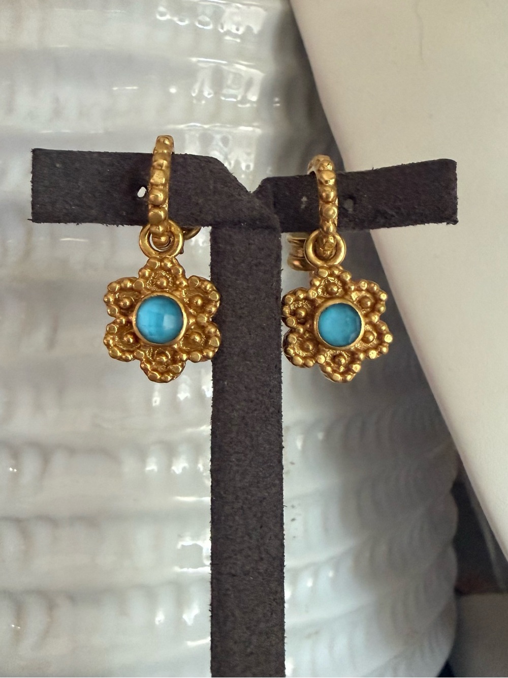 Julie Vos Gold Flower Drop Hoop Earrings